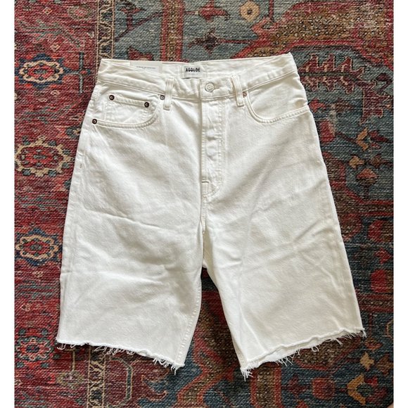 Agolde 90s Pinch Waist High Rise Straight Long Denim Shorts Size 28 in Porcelain - Picture 3 of 5